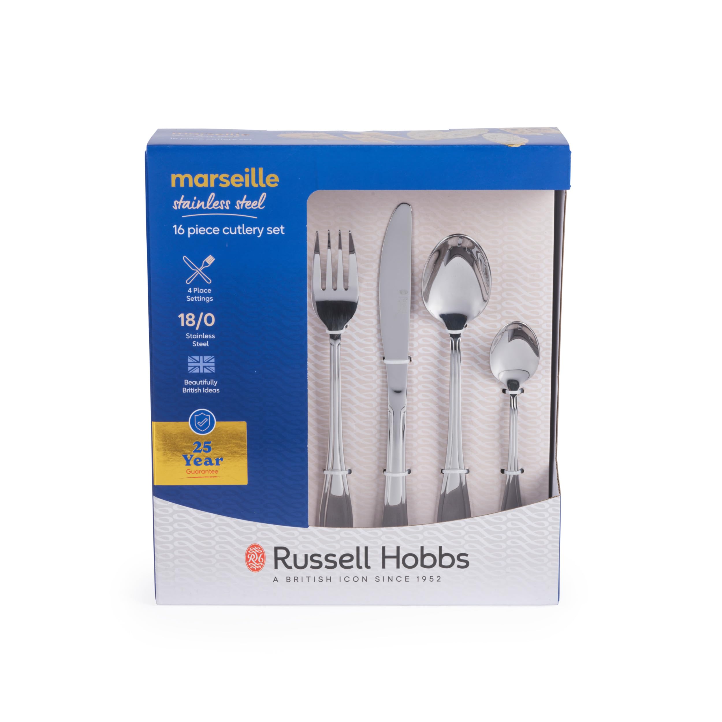 Russell Hobbs Juego de cubiertos de 32 piezas, Marsella, cubiertos de acero inoxidable 18/0, 8 lugares, vajilla con tenedores, cuchillos, cuchillo de carne, cucharadas, cucharaditas, apto para