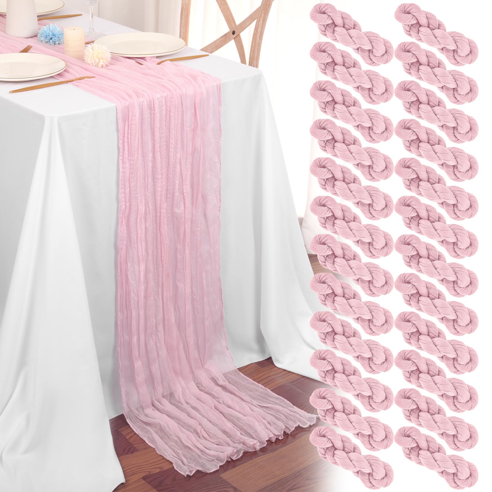 Teruntrue 24 Pack Light Pink Cheesecloth Table Runner 45x275 cm Boho Gauze Cheese Cloth Table Runner for Wedding Party Baby Bridal Shower Birthday Decorations