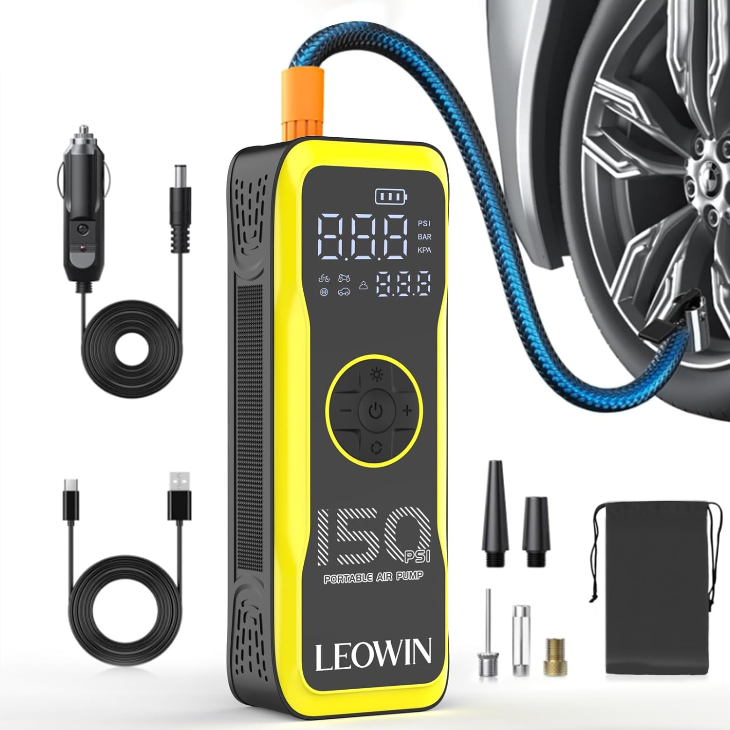 Portable Tire Air Pump with Digital Tire Pressure Meter/LED Light,Built-in Rechargeable Battery and 12V Car Power Adapter for Car, Motorcycle, Bicycle, Balls (8010)