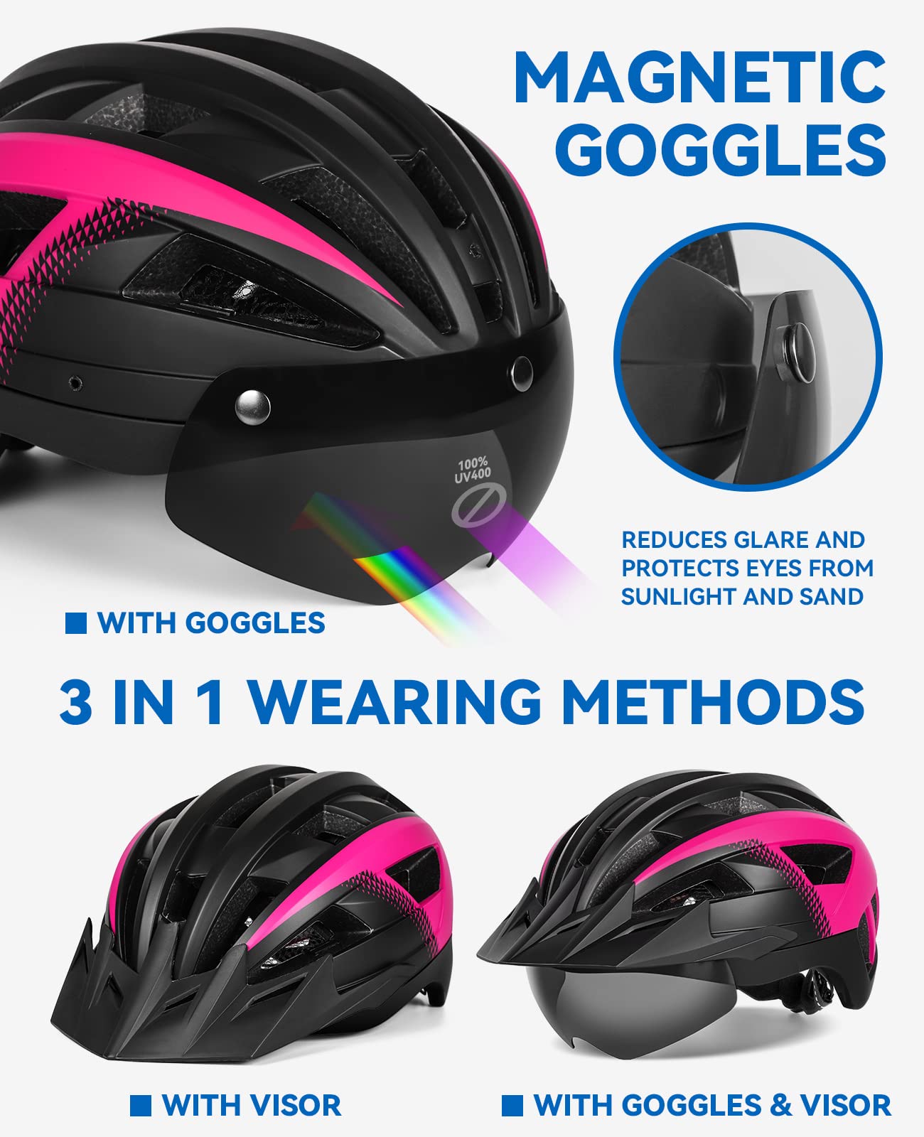 Kask rowerowy męski i damski, lekki kask rowerowy z magnetycznym wizjerem i ładowaniem przez USB, stylowy kask górski 57-61 cm, biało-czarny (L: 57-61 cm, Czarny Różowy)