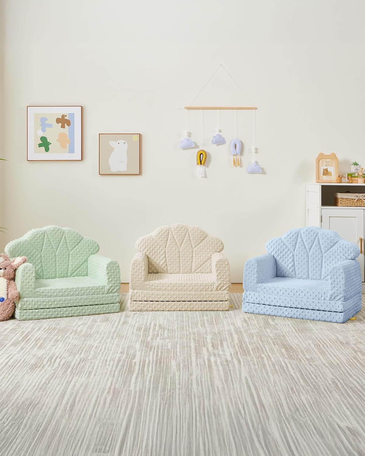 Kids Couch, 2-in-1 Soft Bubble Dot Minky Fold-Out Couch, Convertible Sofa to Lounger for 1-3 Years Old, Kid Furniture for Playroom, Beige - Image 2