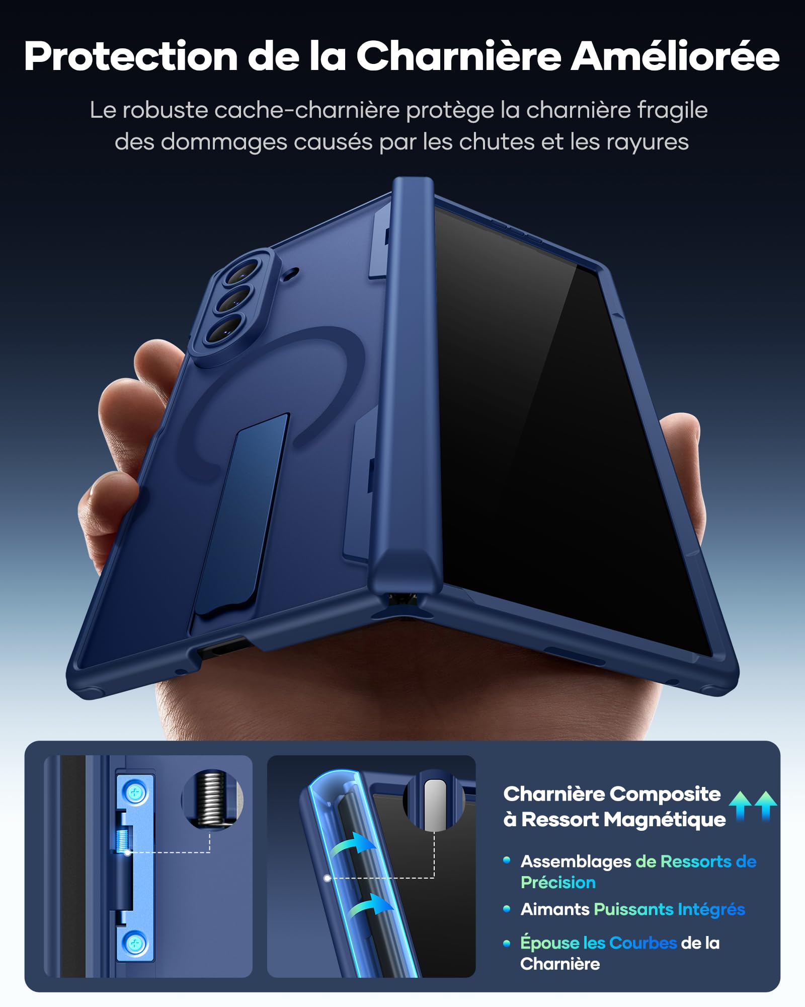 Custodia per Samsung Galaxy Z Fold 7 con pellicola protettiva frontale integrata, compatibile con MagSafe, supporto integrato e protezione cerniere, custodia protettiva antiurto per Fold 7, blu