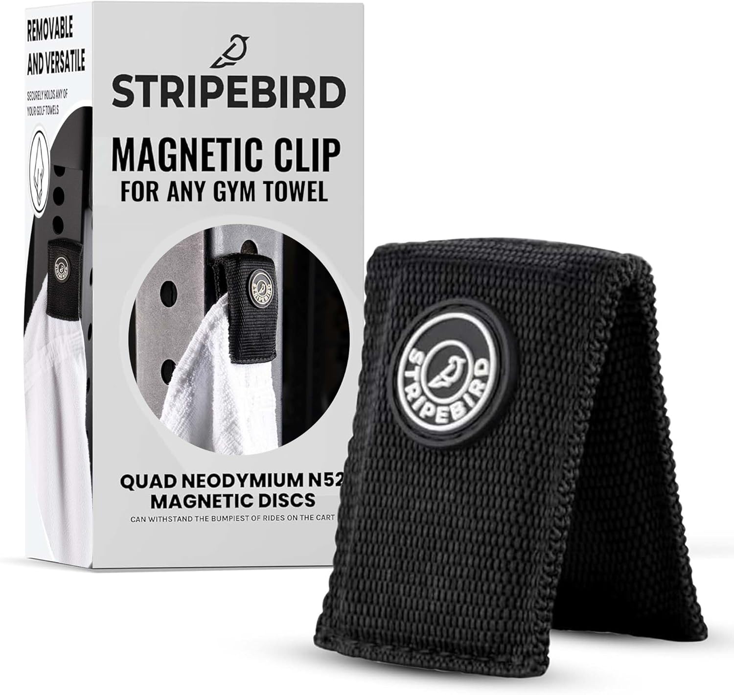 Stripebird – Magnetic Clip for Any Workout Towel (Black) – Highest Strength Magnet for Gym Towel – Removable from Towels – Magnetic Fitness Towels for Men