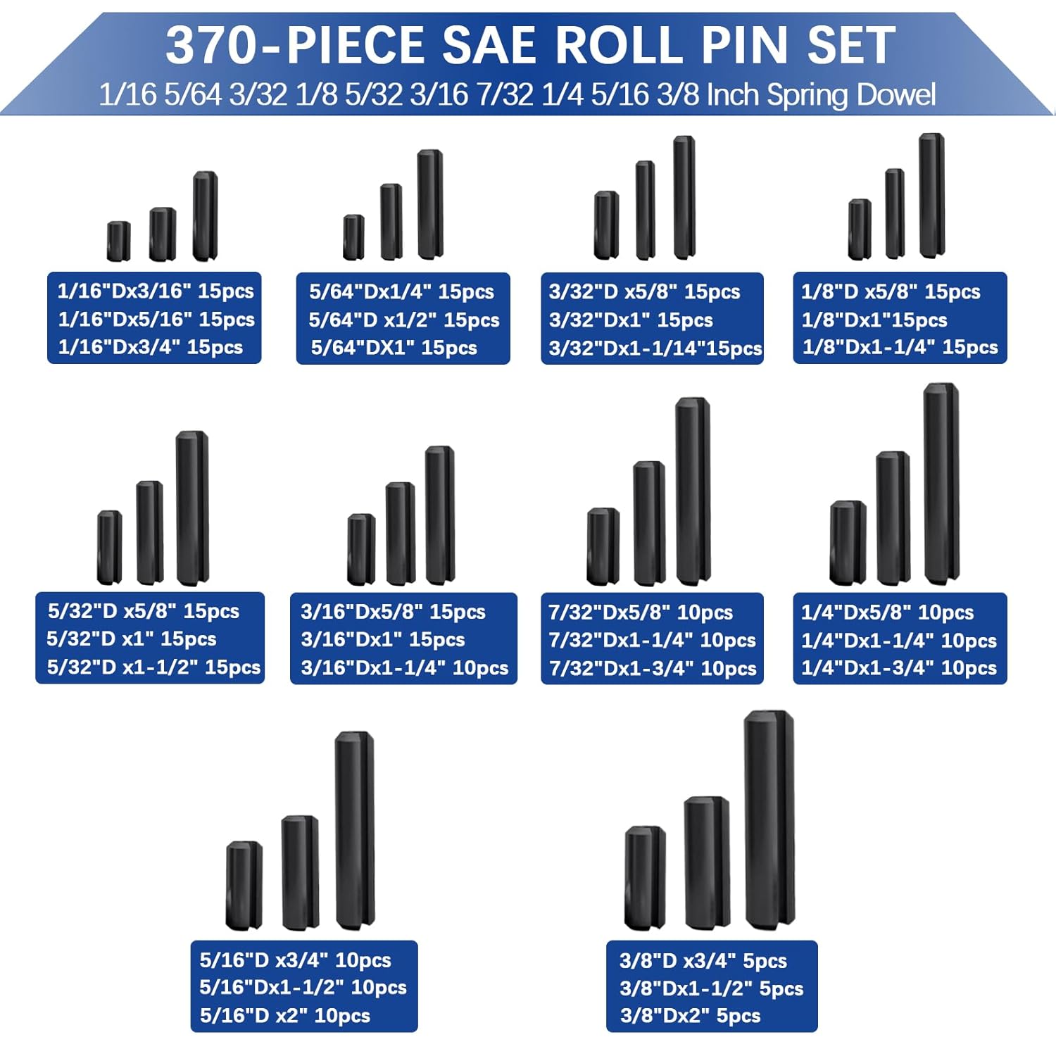370 Pcs Roll pin Assortment, SAE Roll Pin Set, Slotted Spring Pins, Steel Split Expansion Pin, Black Roll Pins, 1/16 5/64 3/32 1/8 5/32 3/16 7/32 1/4 5/16 3/8 Inch Spring Dowel