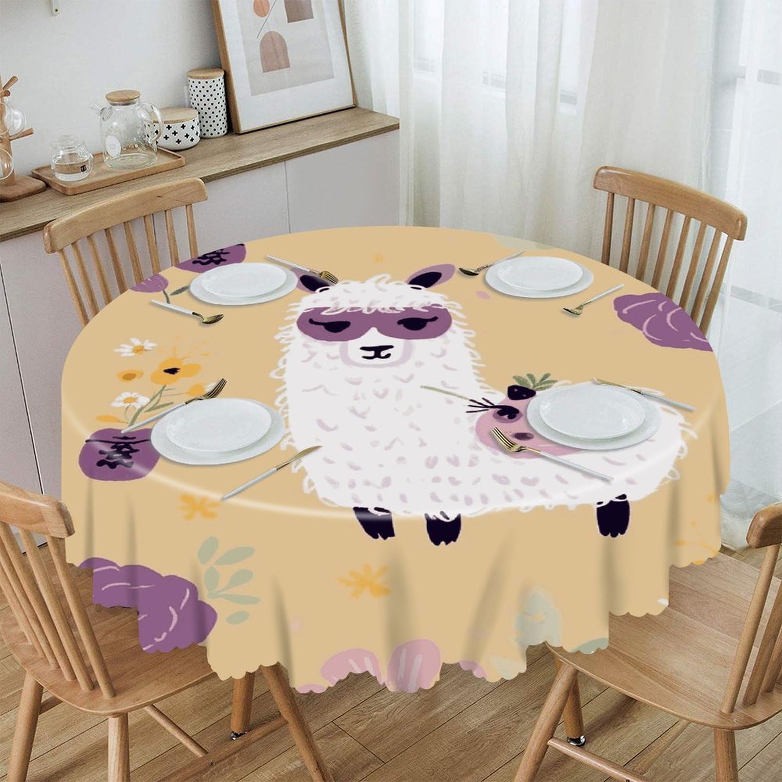 VstaDank Alpaca and Bee Round Tablecloth 60 Inch Easy to Clean Circle Table Cover Thick Decorative Round Polyester Table Cloth for Dining Kitchen Party Farmhouse Outdoor