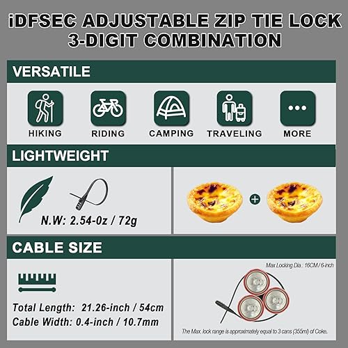 Miniatura 5 de Cierre de brida de cremallera, brida ajustable con núcleo de acero inoxidable, bloqueo de cable multiusos para asegurar cascos, bicicletas, esquís,