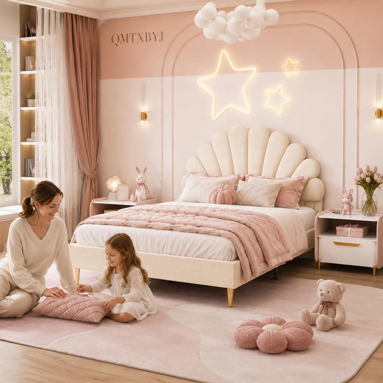 Polsterbett 140x200 mit Kopfteil in Blumenform, Doppelbett 140x200 für Mädchen, Kinderbett Bettgestell mit Lattenrost, Jugendbett Gästebett aus Samtstoff, für kinder/Erwachsenen, Ohne Matratze