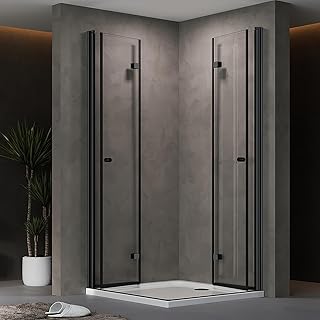 Duschkabine Eckeinstieg Schwarz 90x90cm Doppel Duschtür Falttür Duschwand Duschabtrennung Faltbar Eckdusche mit 6mm ESG Sicherheitsglas,Höhe 185cm