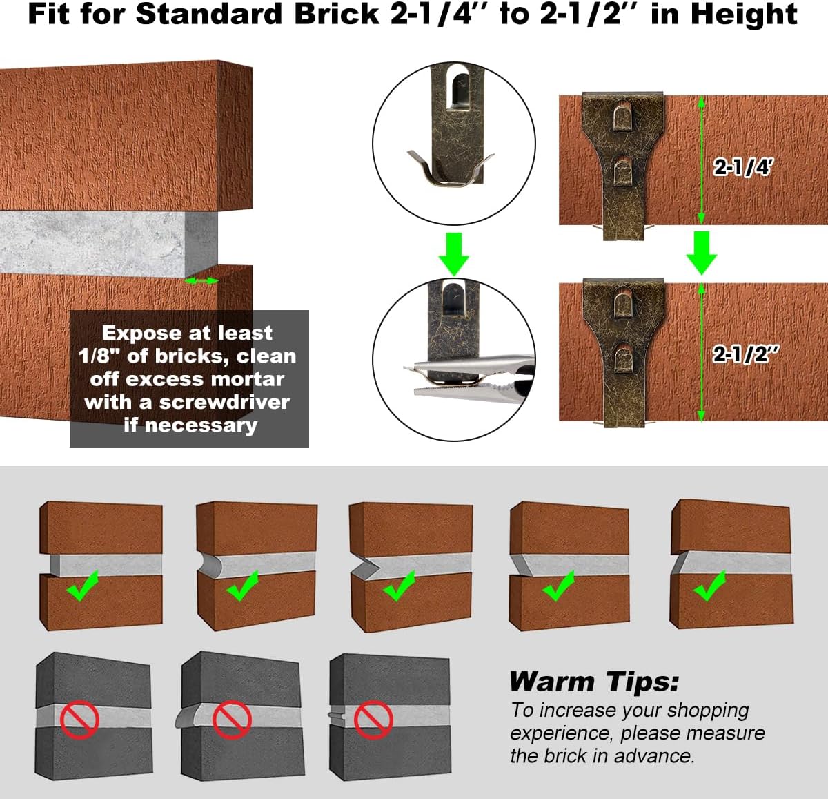 AIEVE Brick Wall Clips for Hanging Outdoors, 10 Pack Brick Hooks Brick Hangers No Drill, Picture Hangers Brick Wall Hangers Siding Hooks Mount on Brick Without Drilling, Fit 2-1/4 to 2-1/2