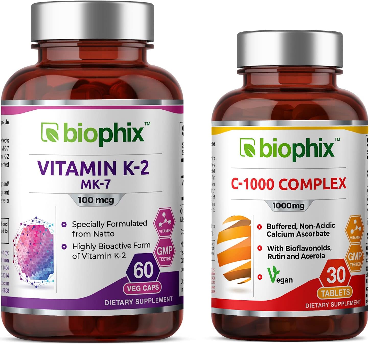 biophix Vitamin K2 MK-7-100 mcg 60 - Free Vitamin C-1000 30 Tablets - Supports Strong Bones Immune Health