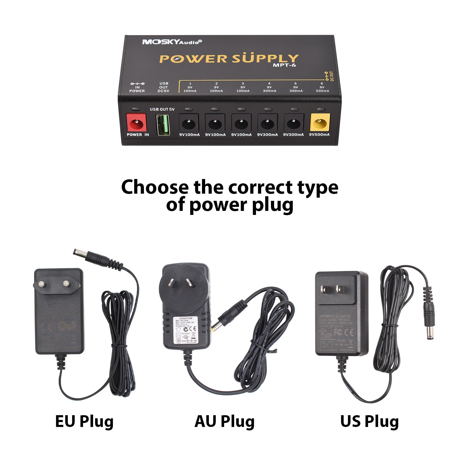 Alimentatore per Pedali per Chitarra a 6 canali con Protezione Indipendente dai cortocircuiti Indicatore di Alimentazione a LED Alimentatore per Pedali per Effetti per Chitarra Altri