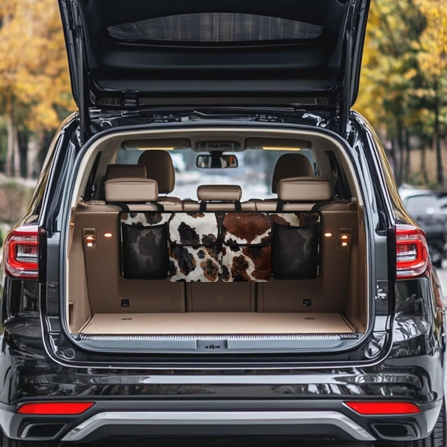 Cow Print Car Trunk Organizer, Large Capacity Auto Backseat Hanging Organizer, Thick Backseat Storage Bag with 2 Pockets, 2 Mesh Pockets, Car Trunk Tidy Storage Bag with Lids