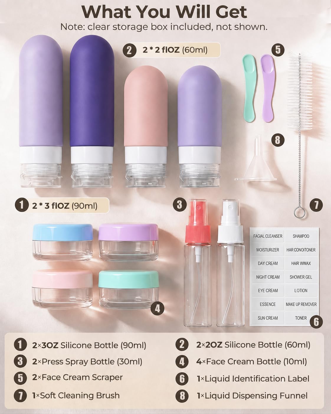 17 Pack Travel Bottles for Toiletries, TSA Approved Leak Proof Silicone Travel Containers for Toiletries with Indigo+Violet+Pink+Lavender