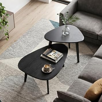 Nesting Coffee Table Set of 2-Mid Century Modern Coffee Table | Guitar Pick Stacking Tables with Solid Wood Legs,Small Coffee Tables for Small spaces,Living Room,Apartment,Balcony Black