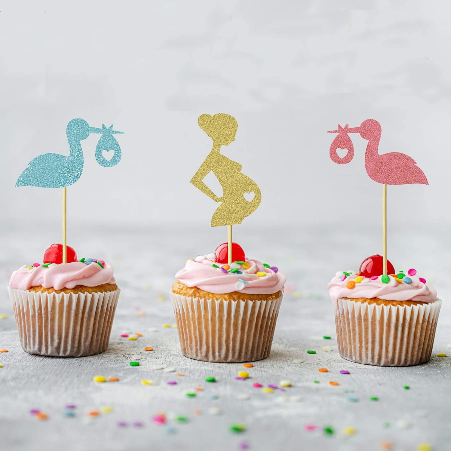24Pcs Gender Reveal Cupcake Toppers Pregnant Boy or Girl Glitter Cupcake Picks Kids Birthday Party Decors Baby Shower Party Decoration Supplies