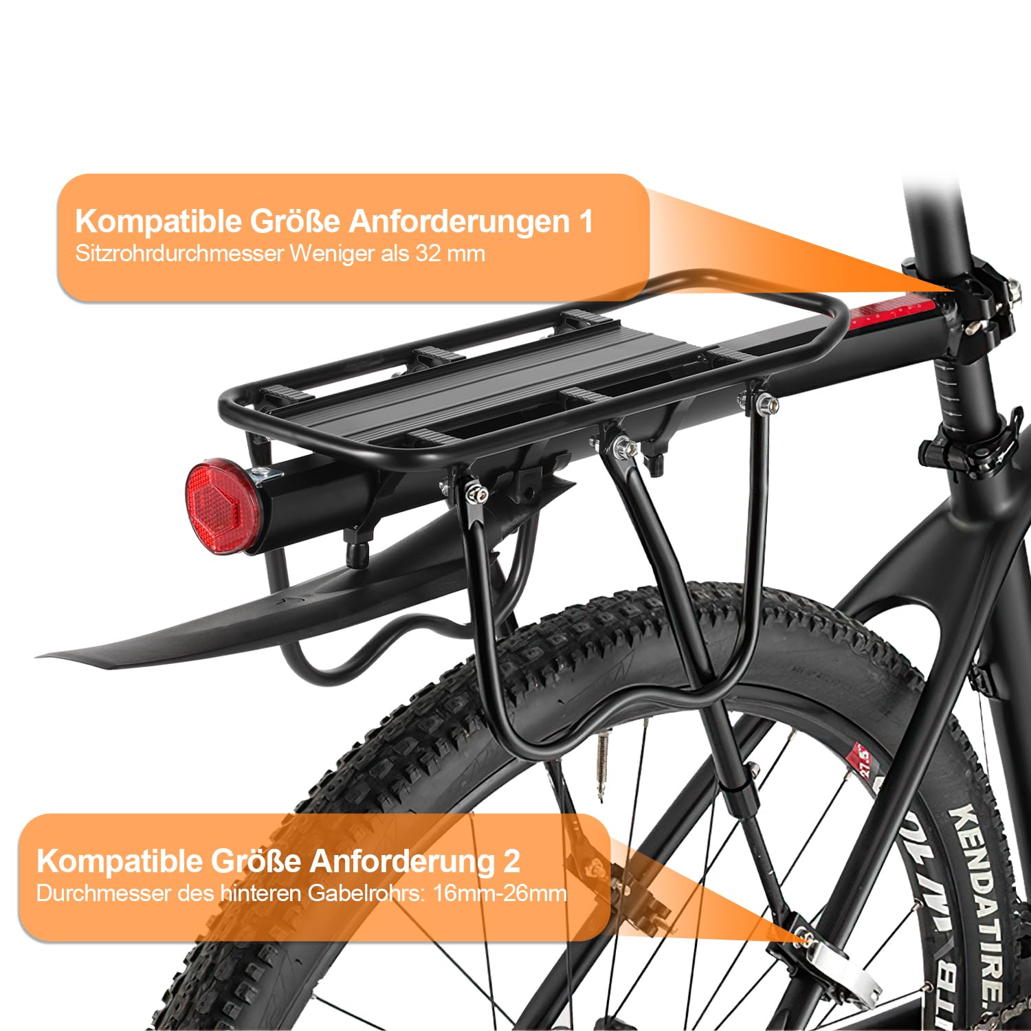 Herrselsam Fahrrad Gepäckträger Mountainbike Gepäckträger mit Reflektor und Schutzblech, Aluminiumlegierung Fahrradgepäckträger für 24-29 Zoll Rennrad, MTB, Mountainbike, Maximale 50 kg