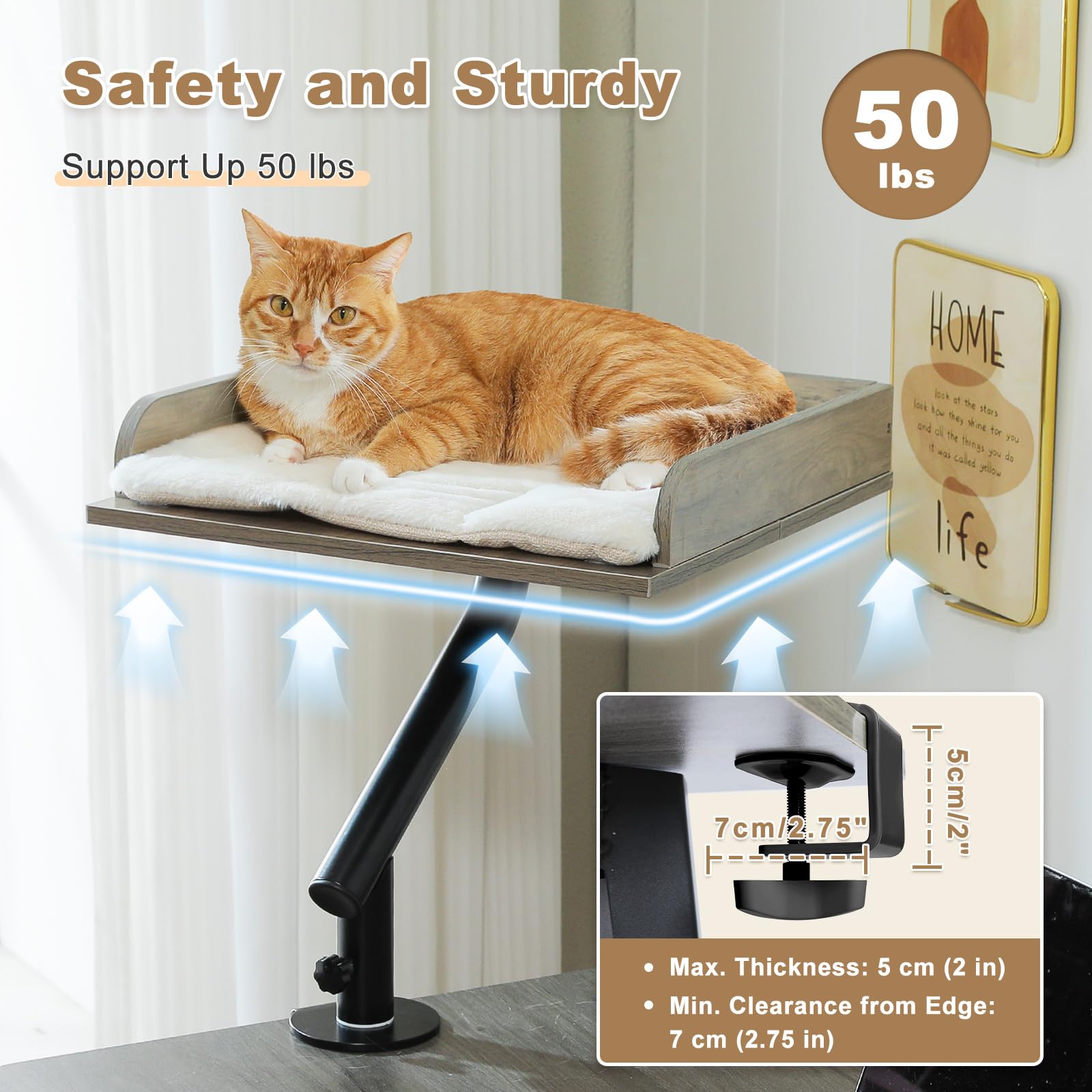 PAWZ Road Cama para Gatos de Escritorio, Cama de Madera para Interiores, Cesta para Gatos, giratoria 360° y Regulable en Altura, Hamaca para con rascador, soporta hasta 23 kg, Gris