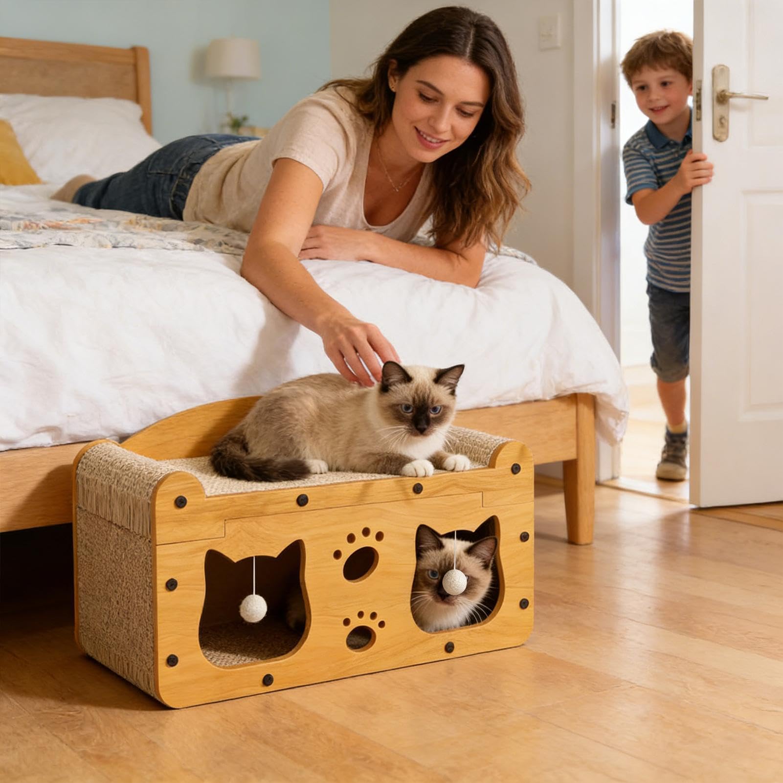 Cama Rascador para Gatos Sofá Interactivo Antideslizante Multifuncional con | Casa de Cartón para Gatos para Disfrutar en Familia en Interior, Exterior, Salón o Viajes
