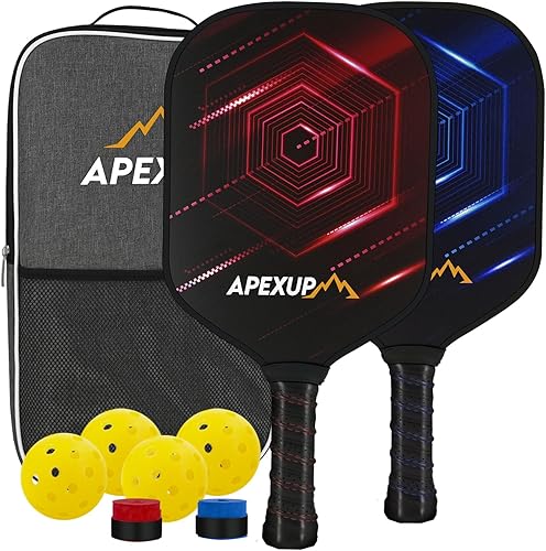 APEXUP Paquete de 2 palas de pickleball de fibra de vidrio de alta calidad, juego de 2 paletas de pickleball con agarre ergonómico de cojín, 2