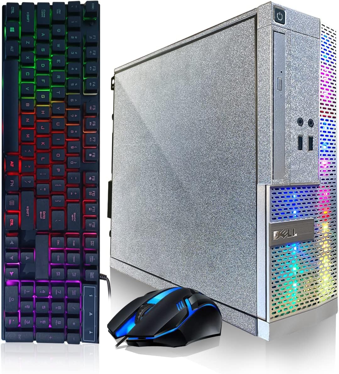 Dell PC Treasure Box RGB Desktop Computer Intel Quad Core I5 up to 3.6G, 16G, 512G SSD, WiFi & Bluetooth, RGB Gaming PC Keyboard & Mouse, DVD, Windows 11 Pro (Renewed) (Moonlight Silver)