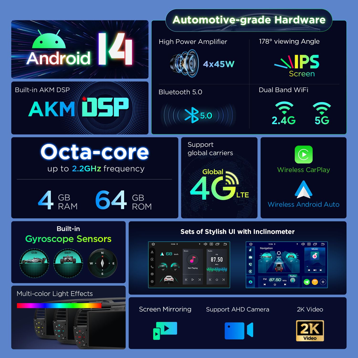 XTRONS 7" Android 14 1 Din Car Stereo 4+64GB for Fiat 500(2007-2015) Black, Octa-Core Radio Player, Built-in 4G ASM DSP 2K CarAutoPlay Android Auto GPS Navigation Bluetooth 5.0 New UI, Optional DAB+ — view 3