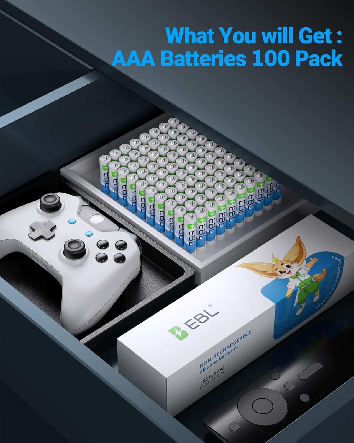 EBL AAA Batteries, Alkaline Triple A Batteries 1.5V Batteries Ultra Long Lasting Alkaline Battery, 10-Year Shelf Life 100 Count (Pack of 1)