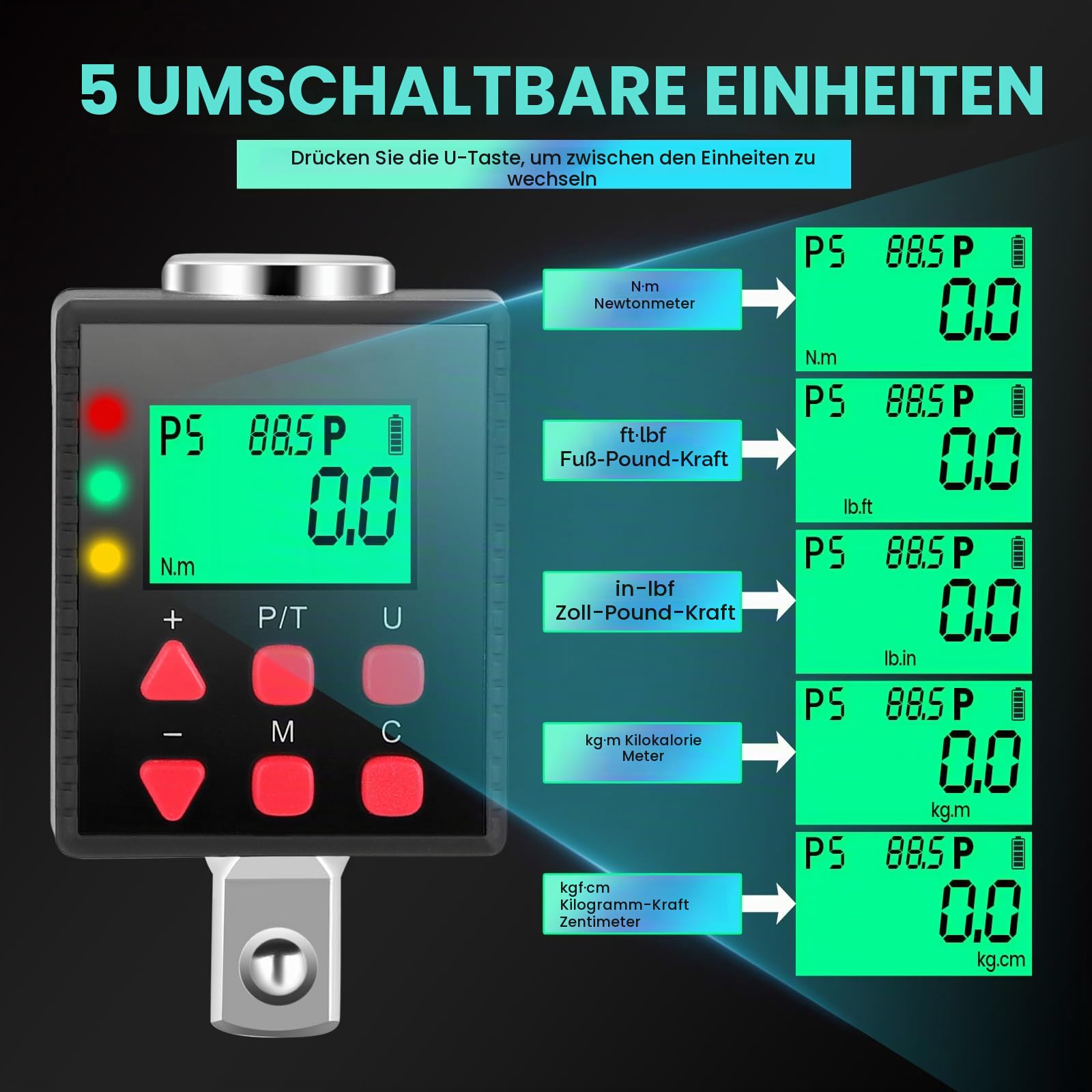 Digitaler Drehmomentadapter 1/2 Zoll, 3,4 – 340Nm Drehmoment Digital Adapter, Genauigkeit ± 1% mit Voreingestellter, Speicher, Summer, LCD Anzeige, 1/4" 3/8" Adapter für Auto, Motorrad, Fahrrad
