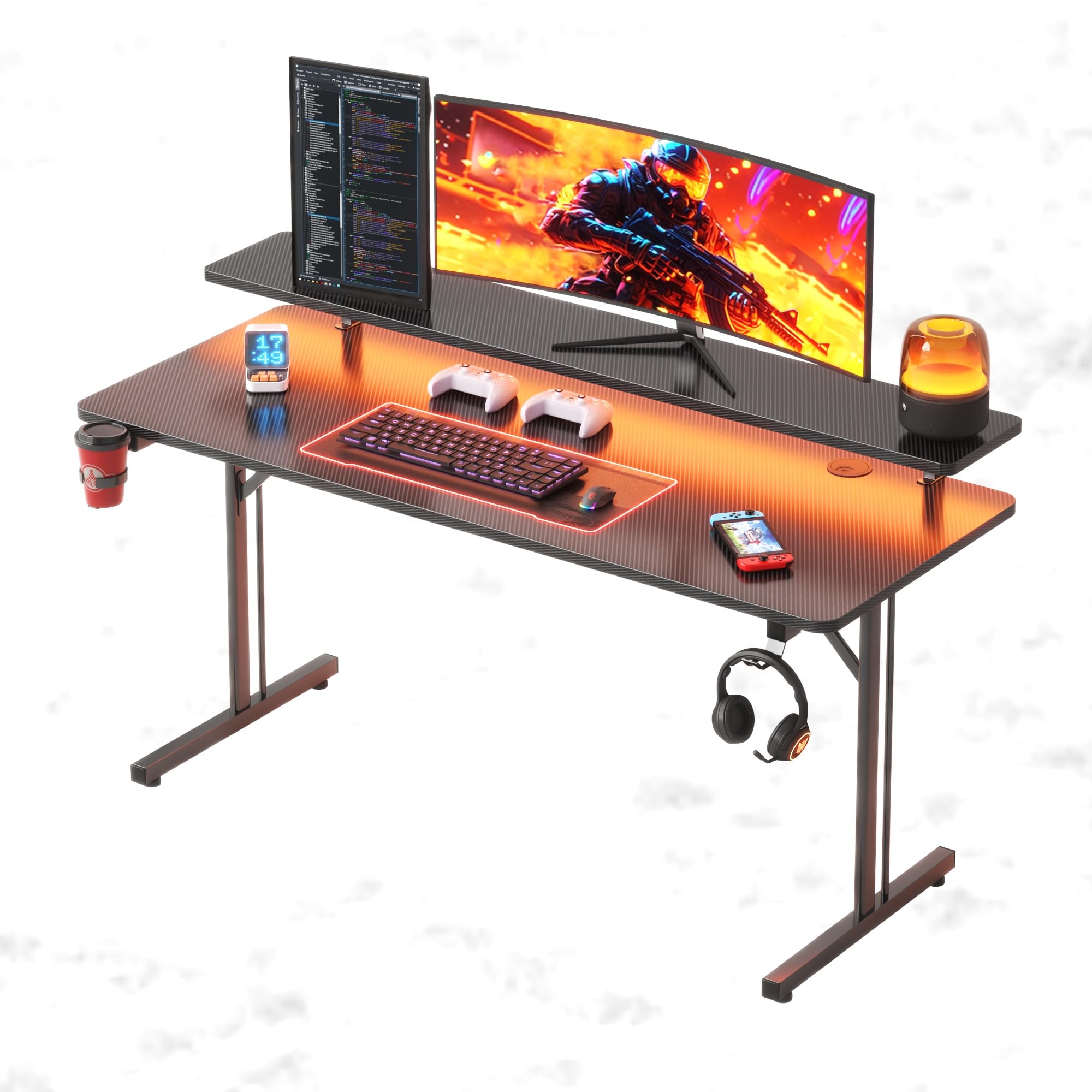 CAIYUN Gaming Desk, 120 x 50 cm Computer Desk with LED Light Strips, Gaming Table with Full Monitor Stand Carbon Fiber Black
