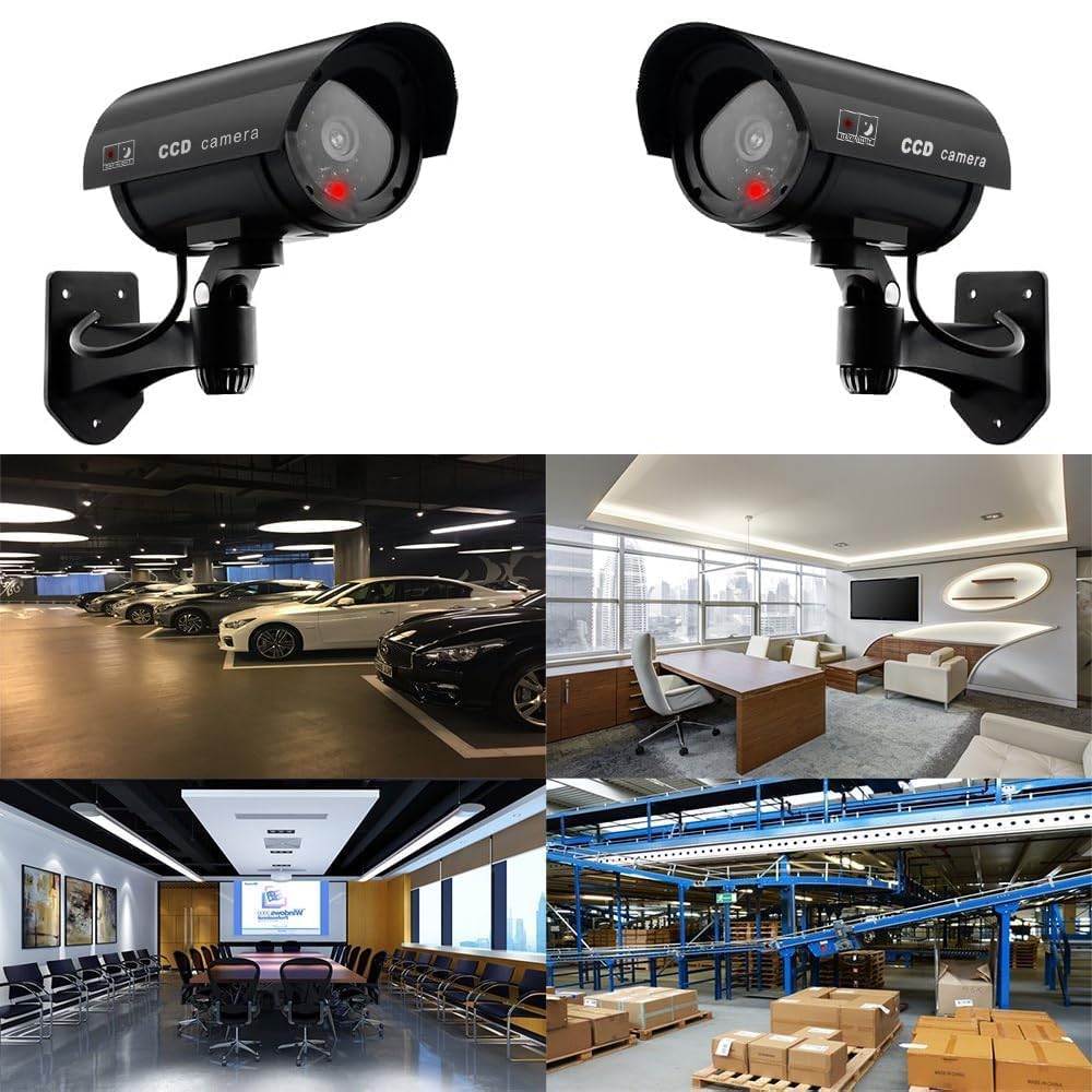 ERWEY 2PCS Caméras factices Caméra Fausse Caméra de Surveillance avec LED Infrarouge Clignotante Rouge d'avertissement pour Exterieur et Intérieure, Noir