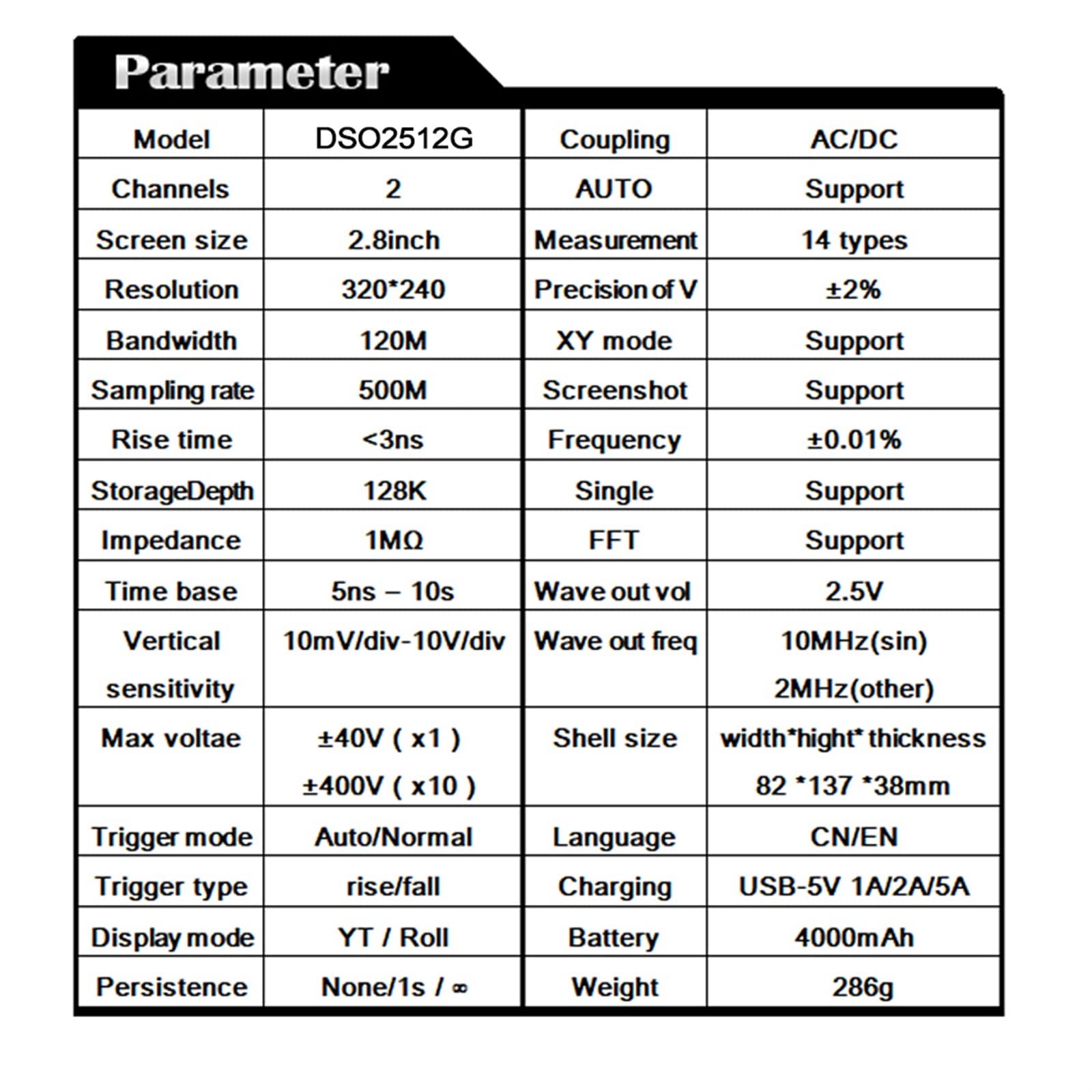 Herramientas portátiles de Prueba Funcional para e DSO2512G 120M Ancho de Banda 500MSa/s 2 en 1 Osciloscopio de Doble Canal 10mV Sensibilidad Vertical mínima Análisis FFT