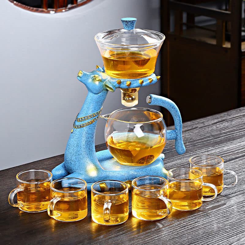 RORA Semi-automatische glazen theepot pak roterende deksel kom voor magnetische waterstroom houten glazen theepot set met 6 kommen (theepot zonder kopjes