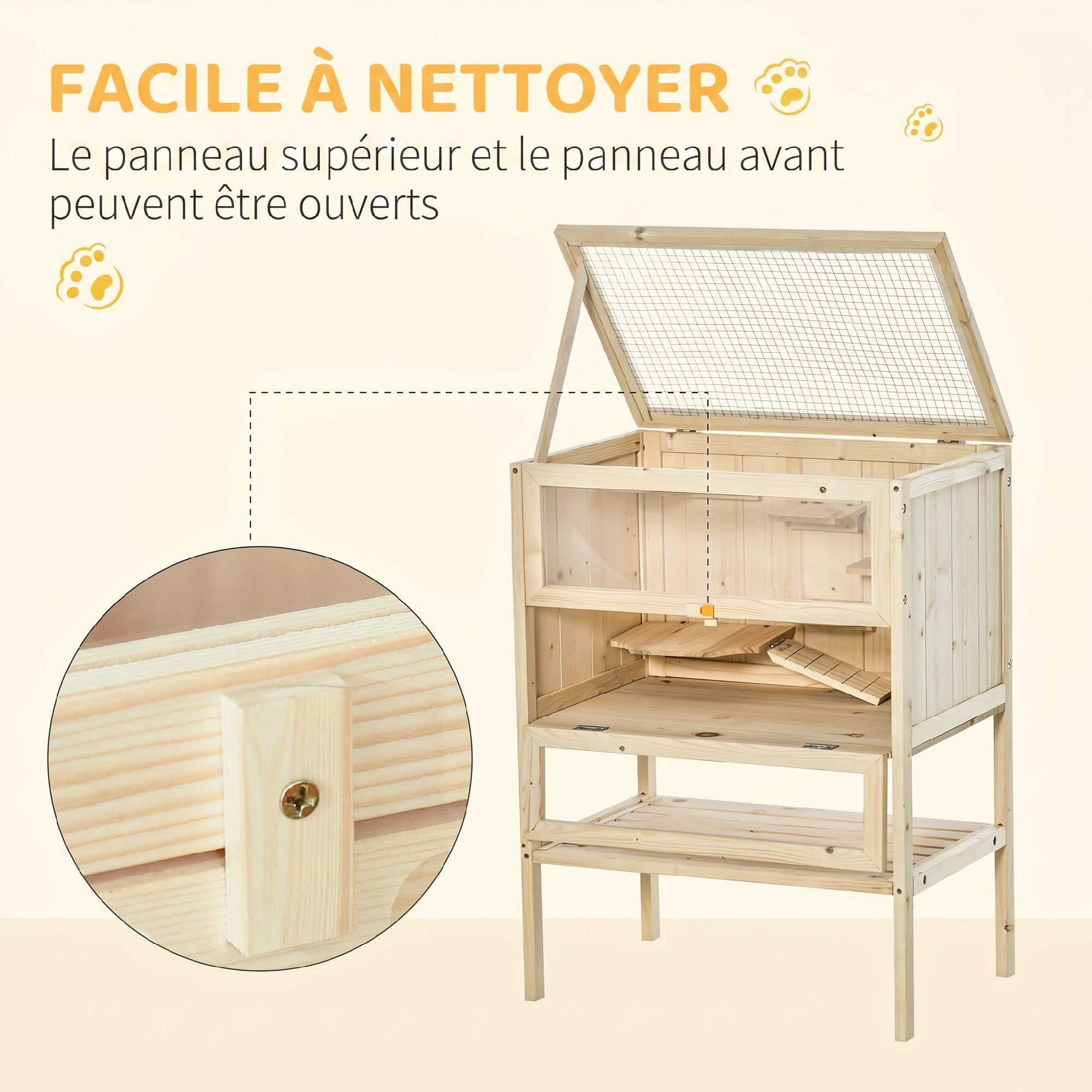 PawHut Cage Hamster en Bois 3 Niveaux, Habitat pour Rongeur 60x40x80cm