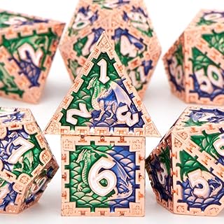 Metal Dice Set , RUNFNG DND Dice Set for Dungeons and Dragons , Green & Blue Polyhedral Dice - D20 D12 D10 D8 D6 D4 , Unique Dragon Theme Design D + D D&D Dice Set with Box for RPG Role Playing Game