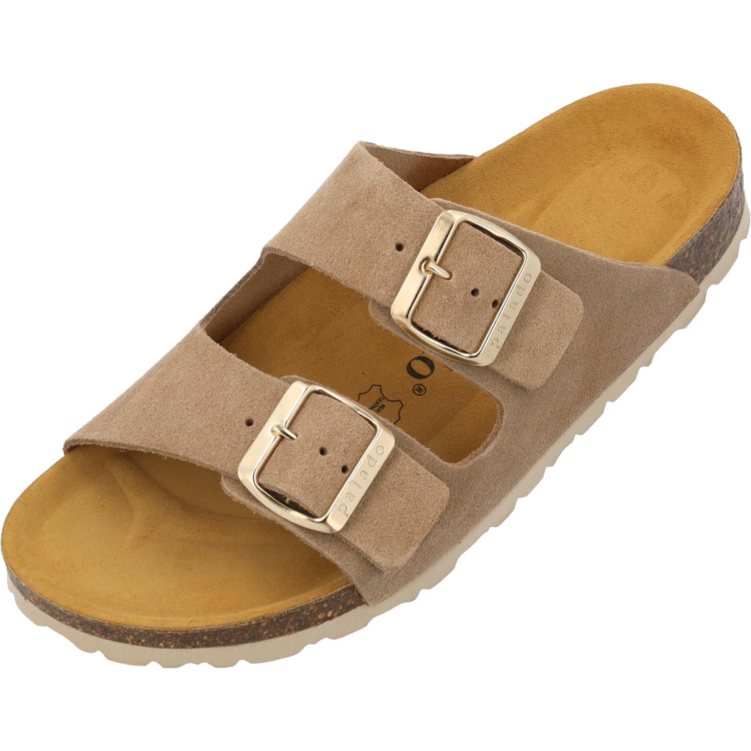Palado Pantoletten Damen Korfu Suede Premium Leather - bequeme Sandalen Made in Spain - Hausschuhe mit Kork-Fußbett - modische Sommerschuhe