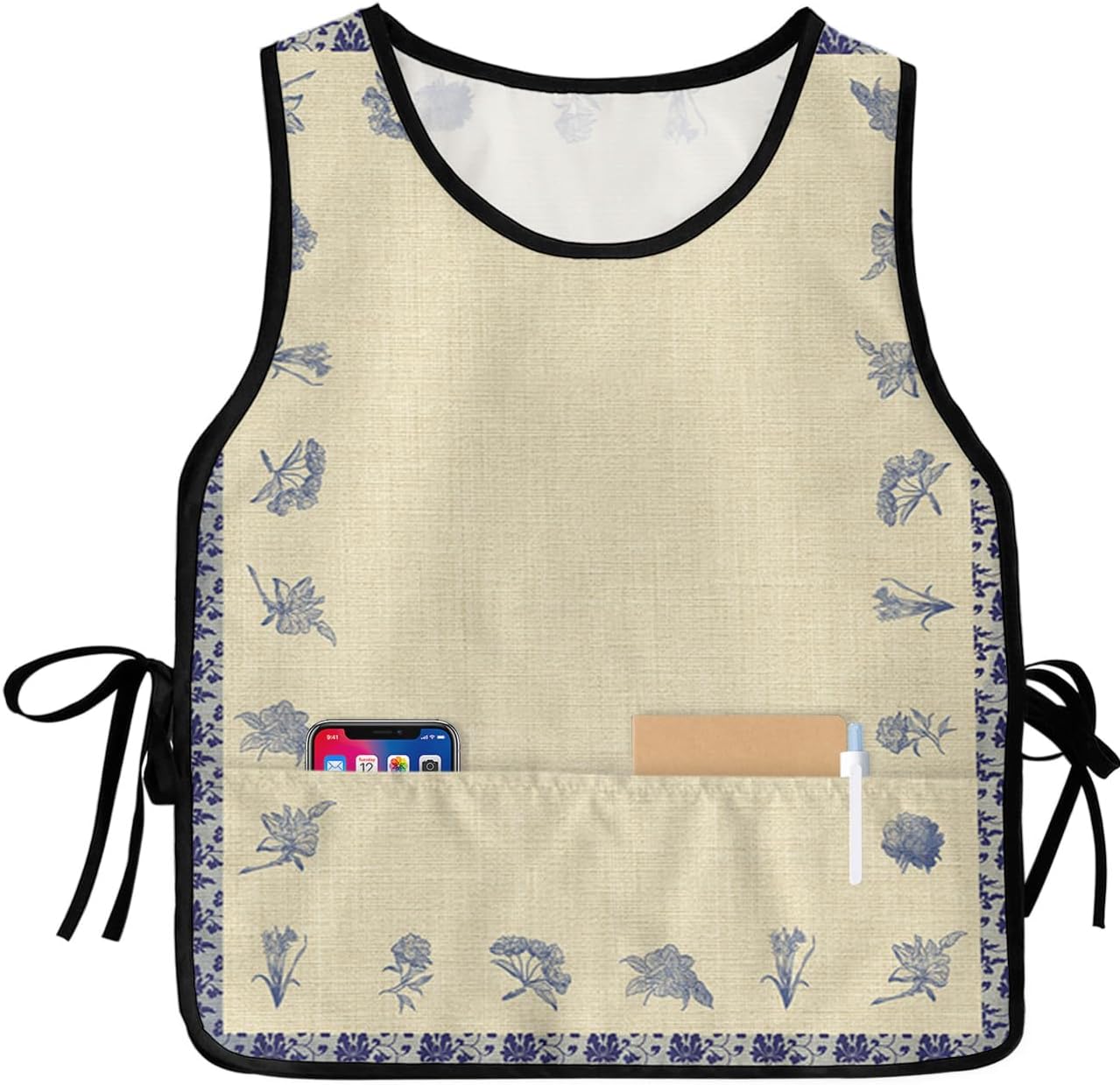 Retro Flower Cobbler Aprons with 2 Pockets for Women Men, Burlap Porcelain Floral