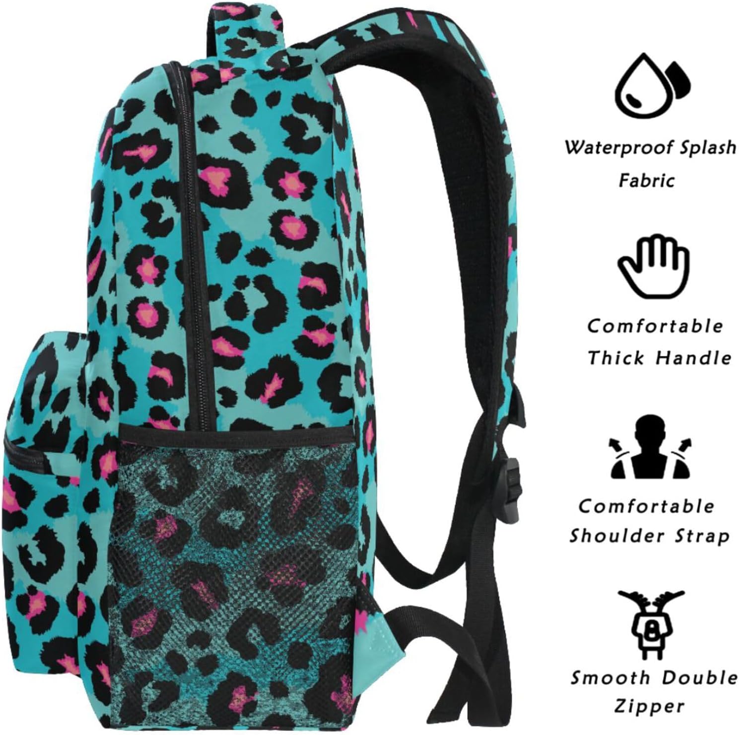 Teal Leopard Backpack Pink Animal Skin Print Bookbag Daypack Travel Hiking Camping School Laptop Bag image 3