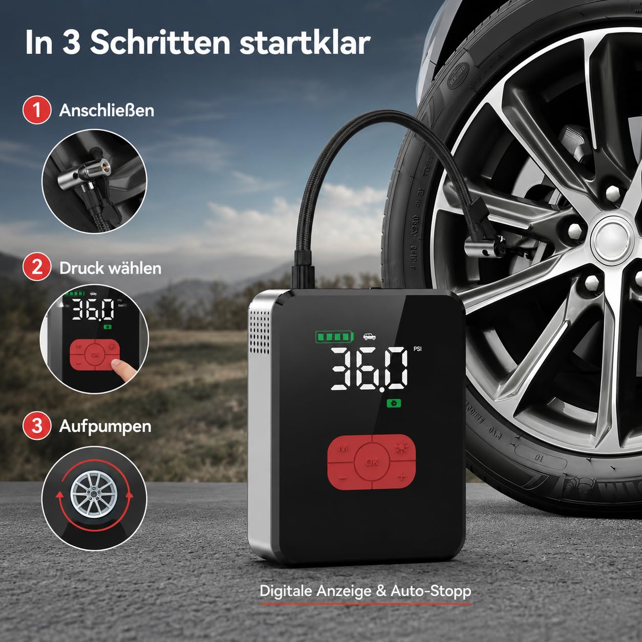 7000A Starthilfe 12V mit 26800 mAh Powerbank, 150 PSI Kompressor, LED-Notlicht SOS, 3,3" Display, Auto Motorrad Fahrrad Reifenpumpe, Pannenhilfe & Camping