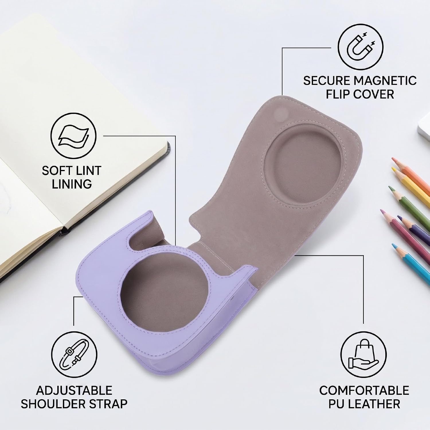 Instant Camera Bag, PU Leather Case for Mini 13 12 with Strap (Purple) image 2