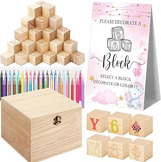 Marsui 136 Pcs Baby Shower Blocks to Decorate Game Kit Includes 98 Wooden Blocks, 36 Markers, 1 Game Sign, 1 Storage Box for Baby Shower Gender Reveal Activity Party Decorations(Pink Elephant)