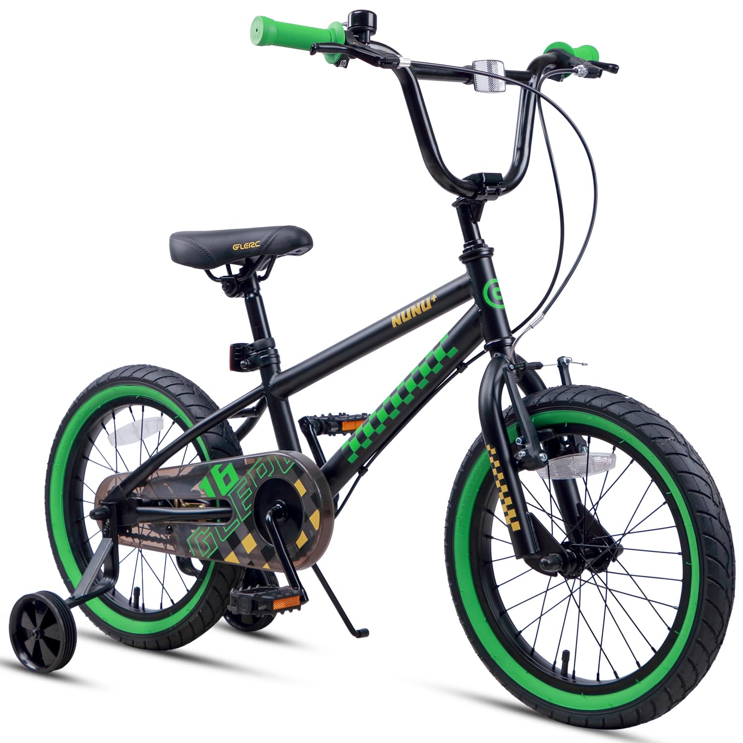 Glerc NuNu 16 Inch Kids Boys Bike BMX Style for 4 5 6 7 8 Years Old, Children Bicycles with Dual Handbrakes, Stabilisers & Kickstand & Adjustable Handlebar/Saddle, Black and Green