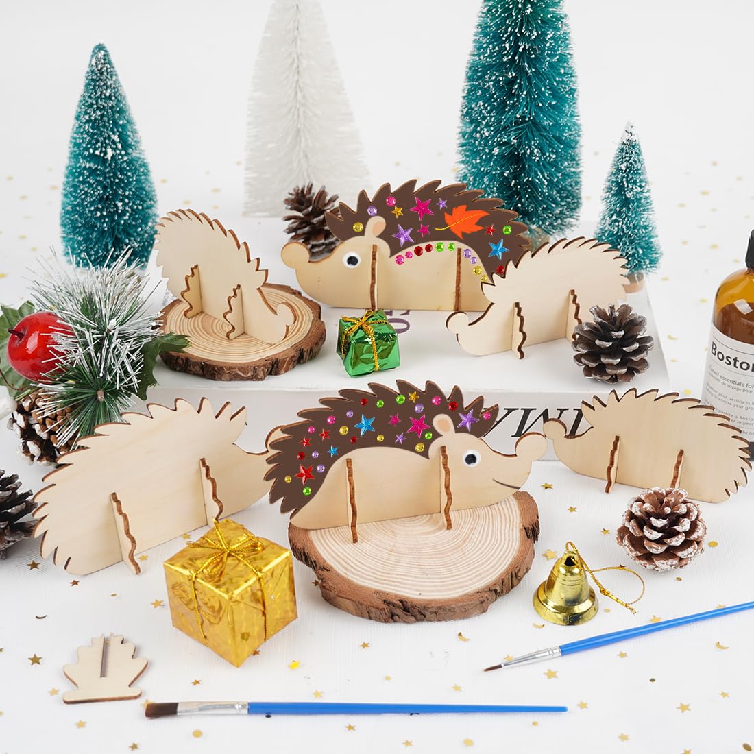 Kit DIY Hérisson En Bois - 12 Pièces à Peindre - Artisanat Enfant Automne - Avec Peinture, Yeux, Stickers