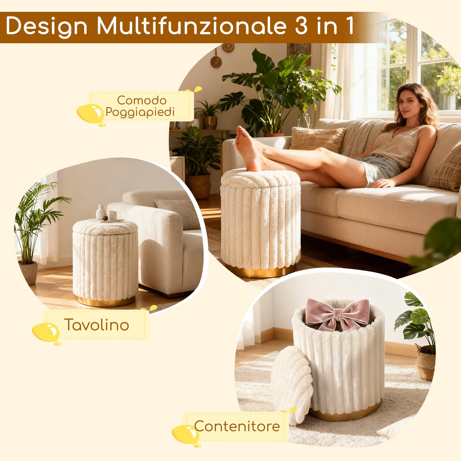 COSTWAY Set di 2 Pouf Contenitori Rotondi, 32L+21L, in Pelo di Coniglio | Sgabelli Contenitori Impilabili con Coperchi Rimovibili e Scomparti Nascosti per Soggiorno e Camera da Letto