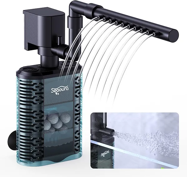 SEAOURA Aquarium Internal Filter，Small Submersible Aquarium Filter ， Aquarium Quiet Electric Filter for 10-30 Gallon Aquariums，Aeration System 100GPH Water Pump