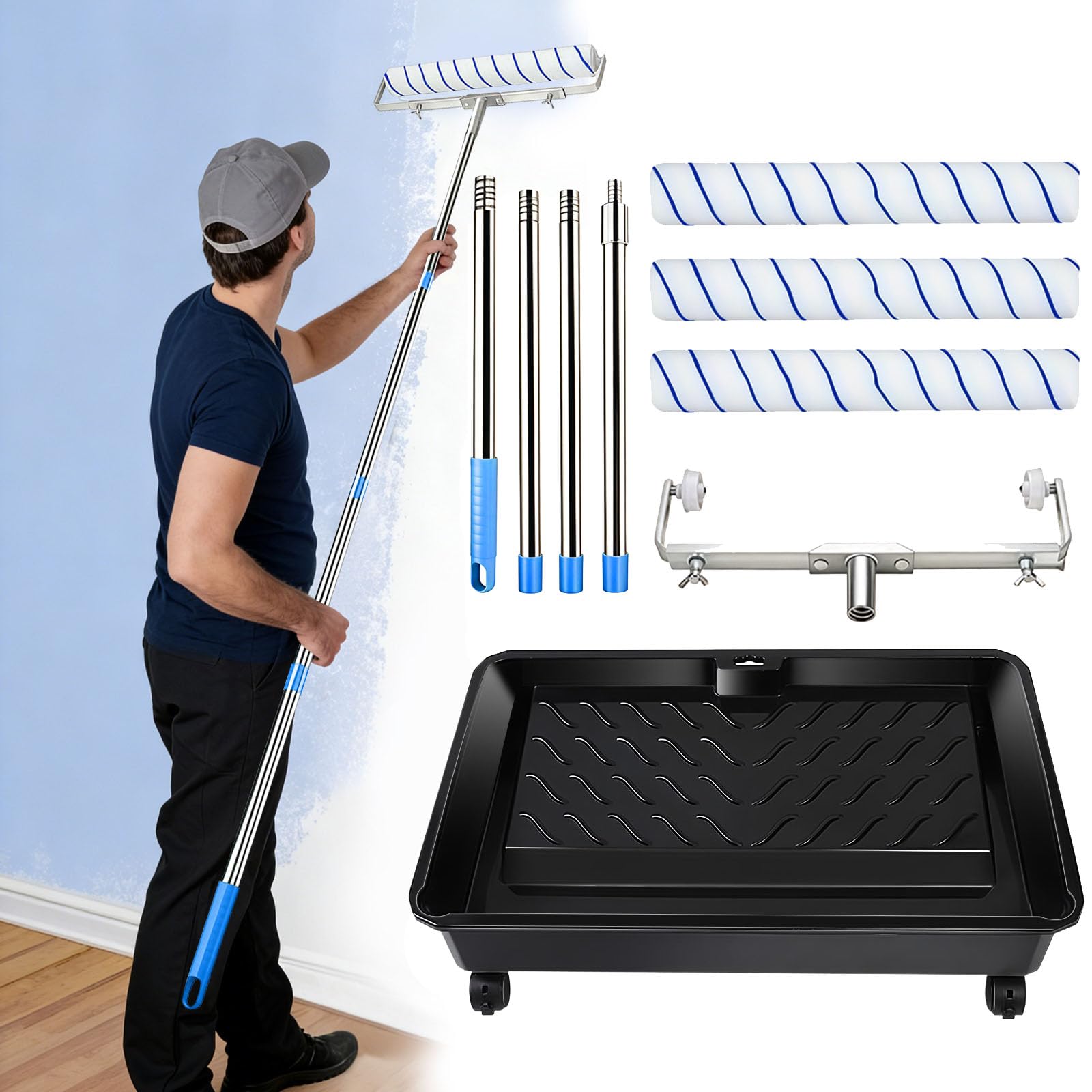Mvellir 18 Inch Paint Roller Set, Large Paint Roller with Extension Pole, Roller Tray with Wheels & 12"-18" Adjustable Roller Frame, Long Handled Rollers for Painting Ceilings Walls