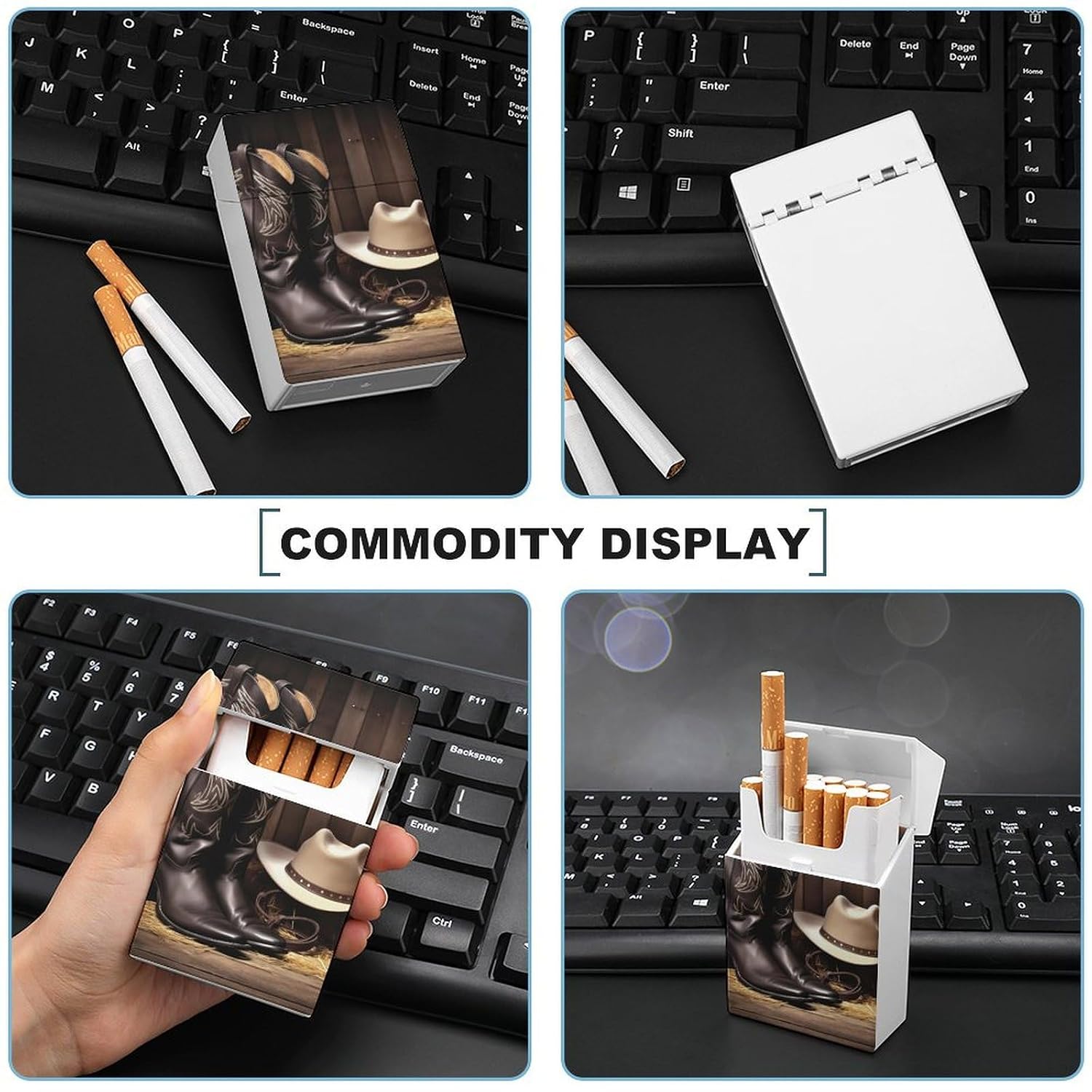 Cowboy Black Hat Western Boots Cigarette Case Waterproof Plastic Cigarette Box Vintage Cigarette Cases for Men Women Small Funny Cigarette Holder for Regular 85mm King Size 20 Capacity