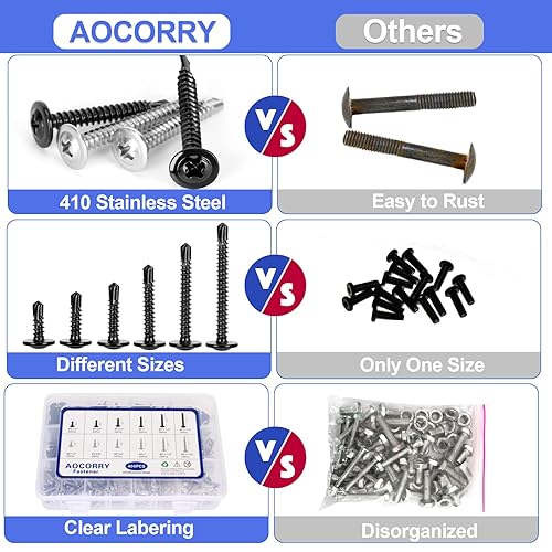 Miniatura 5 de #8 Kit surtido de tornillos autorroscantes, 400 tornillos autorroscantes de cabeza de armadura modificada, 410 tornillos autoperforantes de acero