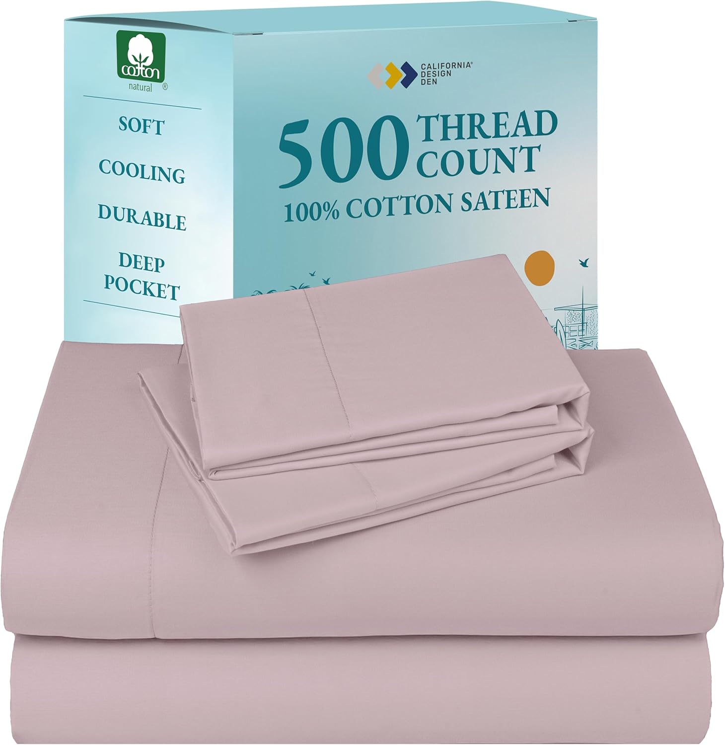 California Design Den King Size Sheets Set - Cooling 500 Thread Count Sateen, Natural 100% Cotton King Bed Sheets, Fully Elasticized Deep Pockets, Snug Fit, Breathable and Durable Bedding - Sepia Rose