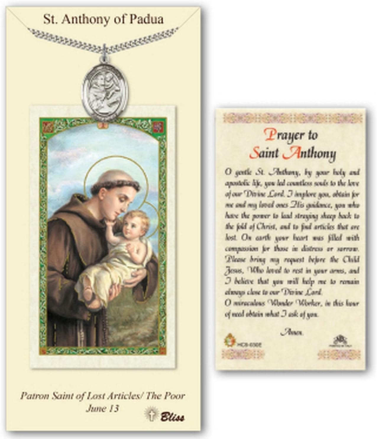 Pewter Saint Anthony of Padua Medal Pendant Necklace | 24" Stainless Silver Heavy Curb Chain | Comes With a "Prayer to St Anthony" Prayer Card | First Communion or Confirmation Gift
