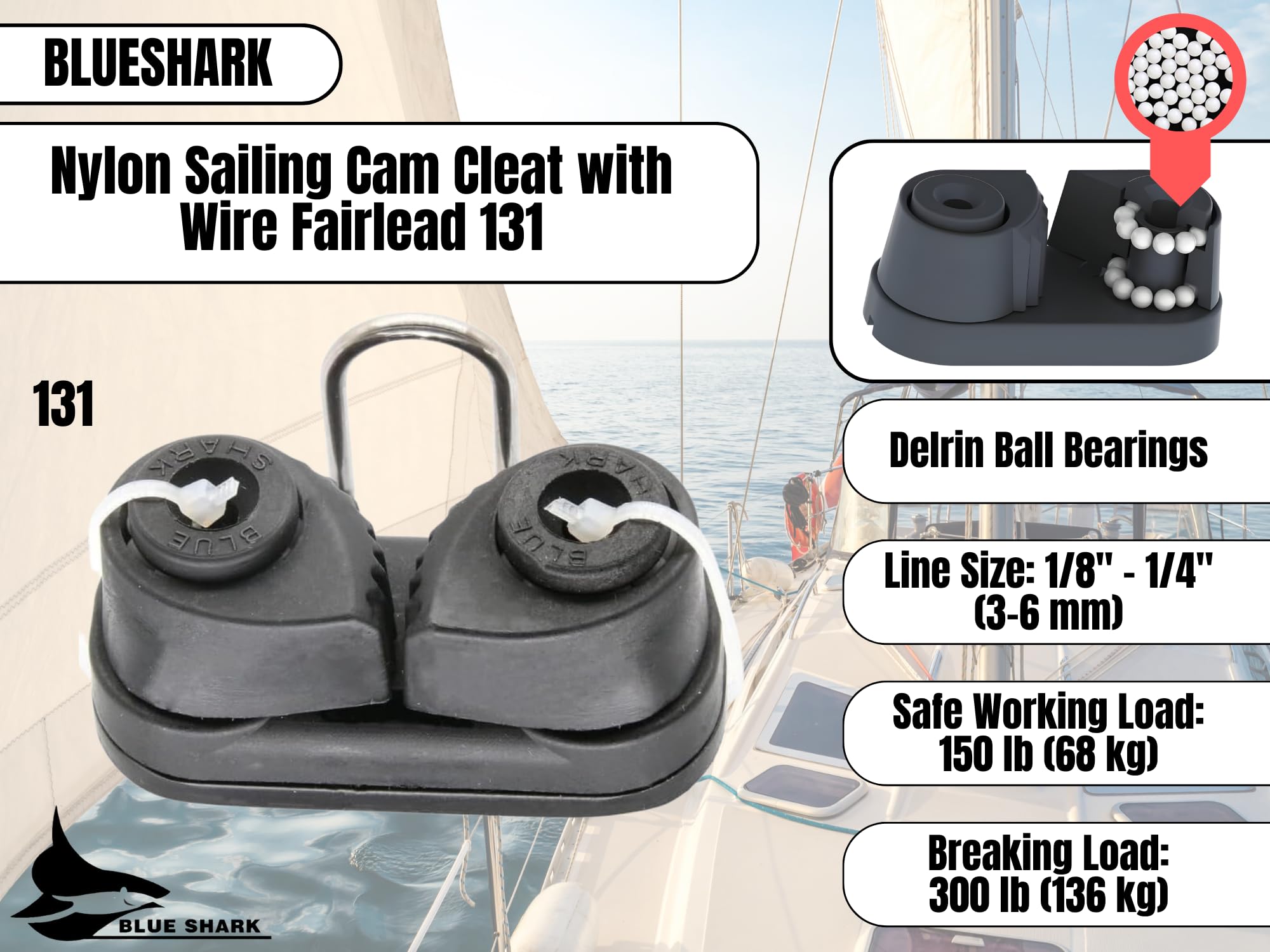 BLUESHARK Tacos de nailon para leva de vela con alambre Fairlead 131 | para tamaños de línea de 1/8 a 3/8 pulgadas (3-10 mm) | Carga de trabajo segura de 200 libras de carga de rotura de 500 libras |