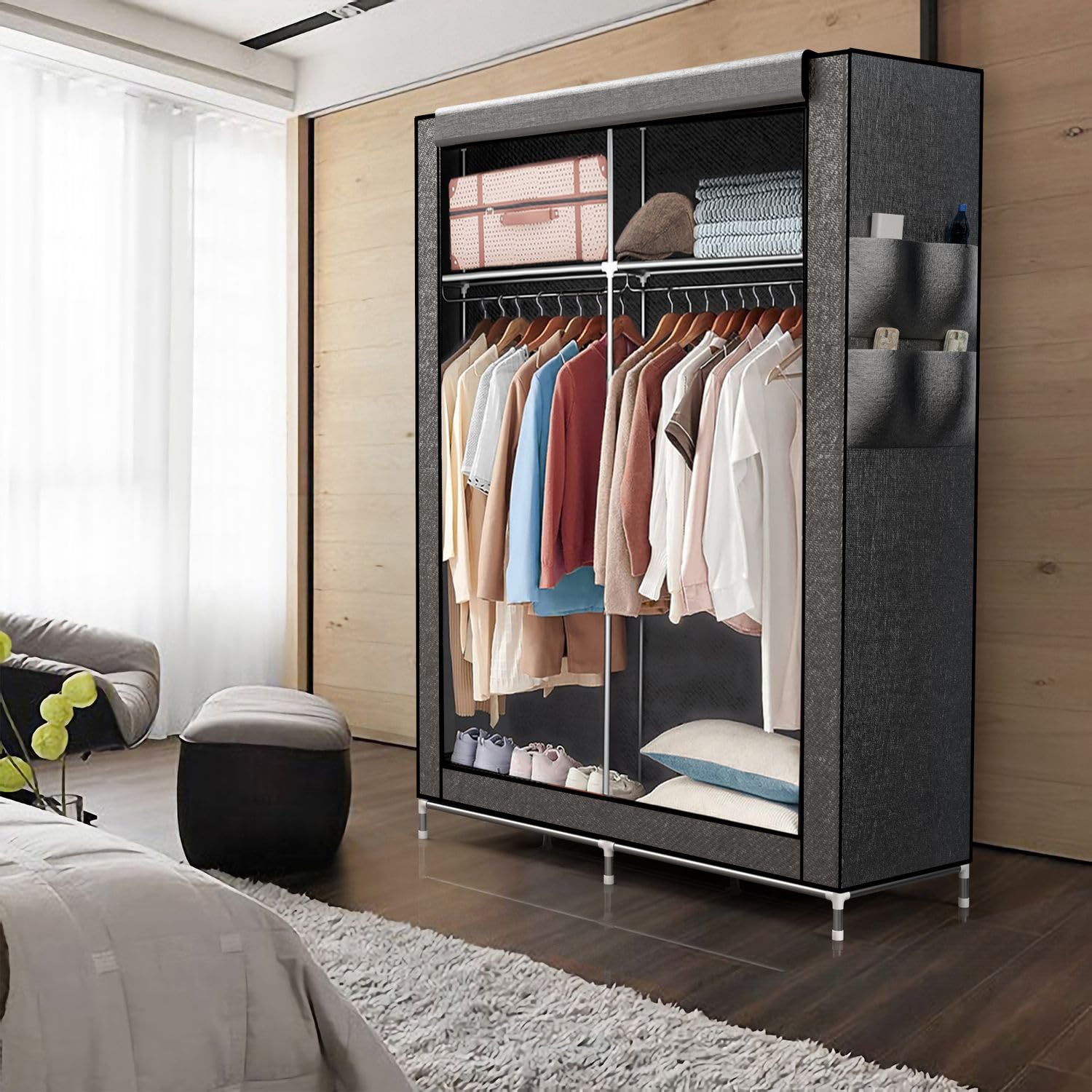 Intirilife Armoire Pliante 108x170x45 cm en Gris Cash - Armoire en Tissu avec Fermeture éclair avec Tringle à vêtements, Poche latérale et Compartiments - Étagère enfichable, Cadre métallique